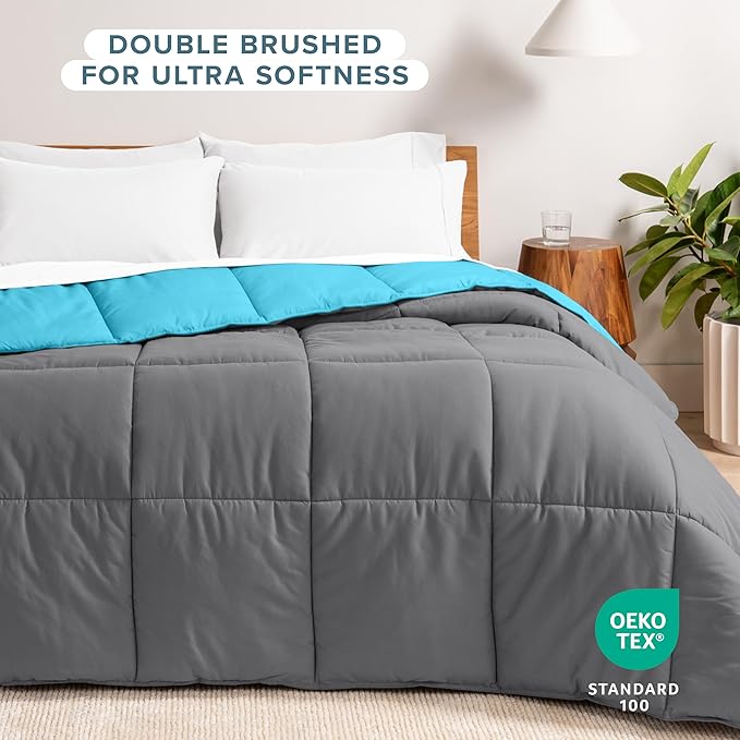 Bare Home Queen Comforter - Reversible Colors - Goose Down Alternative - Ultra-Soft - Premium 1800 Series - All Season Warmth - Bedding Comforter (Queen, Grey/Aqua)