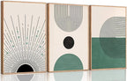3 Pcs Sage Green Boho Canvas Wall Art Modern Abstract Minimalist Neutral Bohemian Sun Geometric Line Painting Picture Wall Decor Poster Print Artwork for Living Room Bedroom Home Decoration Unframed