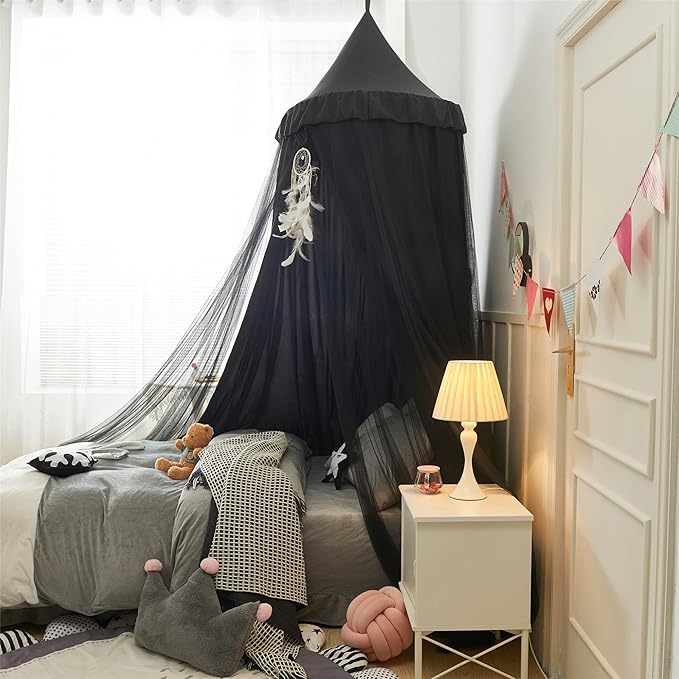 Bed Canopy for Girls,Princess Round Dome Dreamy Mosquito Net Bedding Girls Room Castle Play Tent Hanging House Decor Reading Nook Canopies (Black/Black)