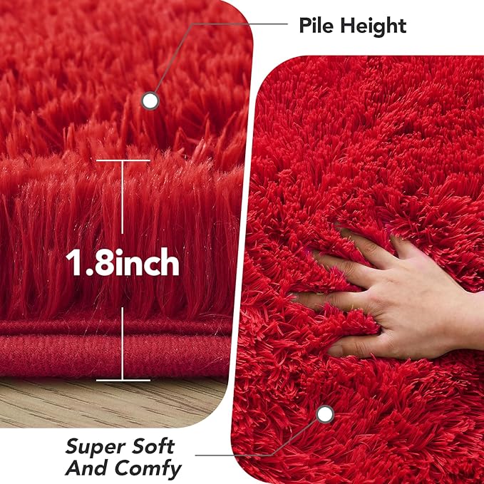 Red Fluffy Area Rug for Bedroom: Soft Plush Rugs for Living Room & Kids Room - Shaggy Carpet for Valentine's Day Decor