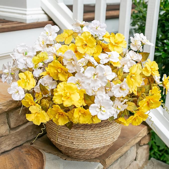 Fall Flowers Fake Flowers Mums for Outdoors Autumn Decoration, 6 Bundles Artificial Flowers Faux Silk Plants Realistic UV Resistant for Outside Planter Patio (Fall Yellow White)