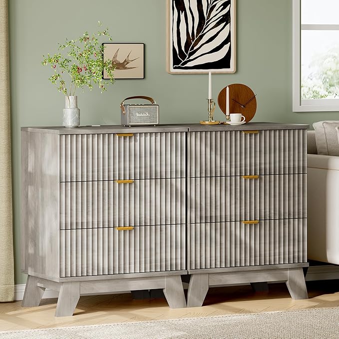 Fluted Nightstand with Charging Station, 24" Wide Bedside Table with 3 Large Storage Drawers, Modern Wood Side Table Night Stand, End Table Small Dresser for Bedroom, Living Room, Dorm, Grey