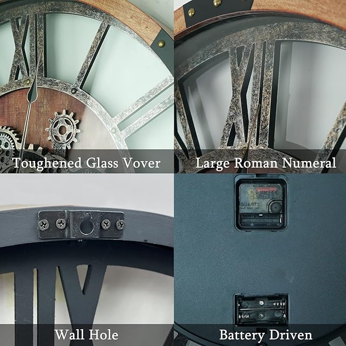 27 Inch Moving Gear Wall Clock, Oversized Wall Clocks, Clock Living Room Decor, Solid Wood Frame, Battery Operated, Large Wall Clock with Steampunk Industrial for Fireplace(Brown)