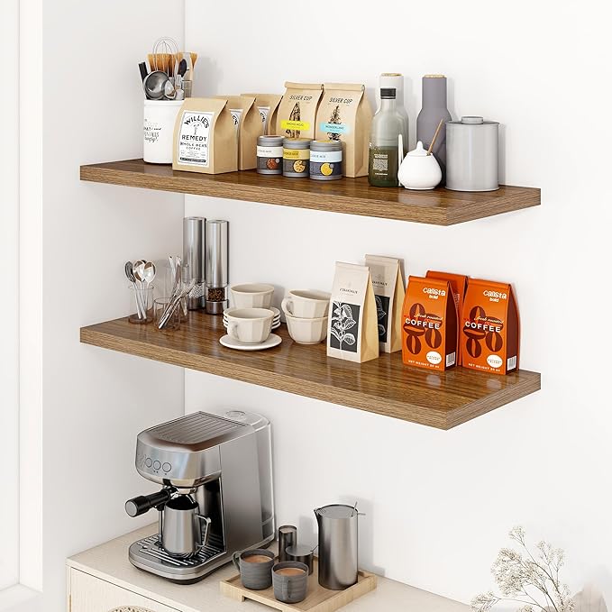 Dreamland 40" Floating Shelves for Wall, 12" Deep Slim Walnut Floating Shelves, Wall-Mounted Shelves for Bedroom, Living Room, Kitchen, Bathroom - Set of 2