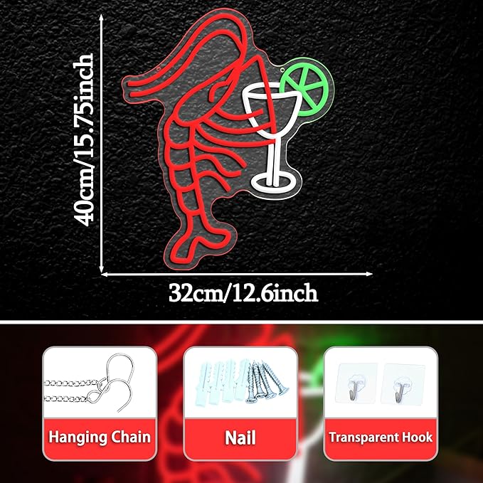Lobster Cocktail Neon Sign,Dimmable Shrimp Bar Neon Light for Party Bar Pub Restaurant Shop Window Decoration(15.75 * 12.6In)