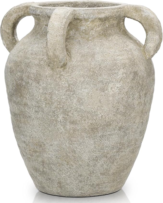 Handmade Flower Vase, 9.8" Tall Terracotta Vase, Vintage Ceramic vase, Rustic Green Antique Decor with 4 Handles, Wide Mouth, Matte Finish for Home Office Resto Café Décor