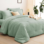 CozyLux Queen Comforter Set Sage Green Seersucker 7 Pieces Bed in a Bag Queen Comforter Set with Sheets Luxury Soft Bedding Set with Down Alternative Comforter, Sheets, Pillowcases & Shams All Season