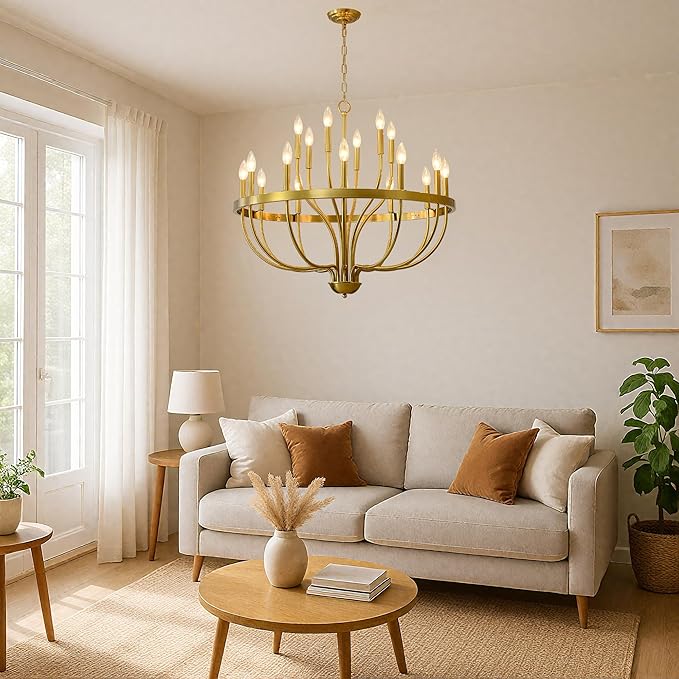 Gold Chandelier 18-Light Candle Chandelier Modern Farmhouse Pendant Lighting Fixture for Dining Room Bedroom Living Room Kitchen Island Foyer Entryway E12 Bulb Vintage Golden Ceiling Light