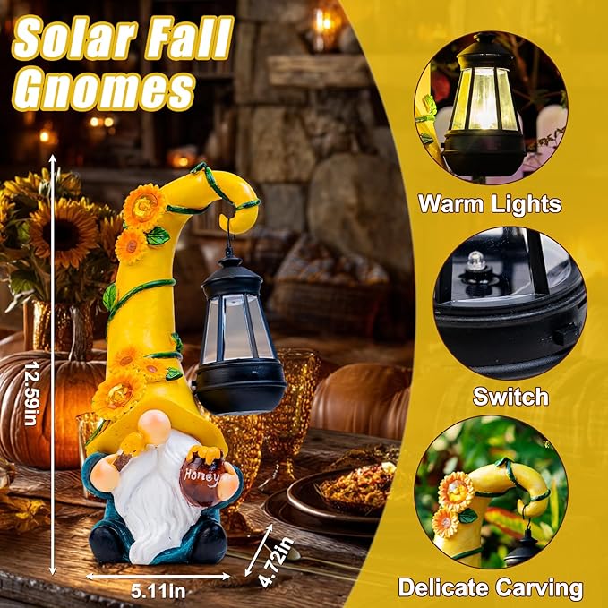Fall Decorations for Home Porch 12" Solar Fall Gnome Sunflower Garden Statues Honey Bee Jar Decor with LED Lantern Outdoor Gnomes Decorations Patio Yard Balcony Art Birthday Gifts for Mom Grandma