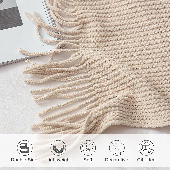 lifein Throw Blanket for Couch, Soft Boho Decor Bed Throw,Cozy White Chenille Knitted Small Farmhouse Lightweight Throw for Spring(White/Cream,50 * 60")