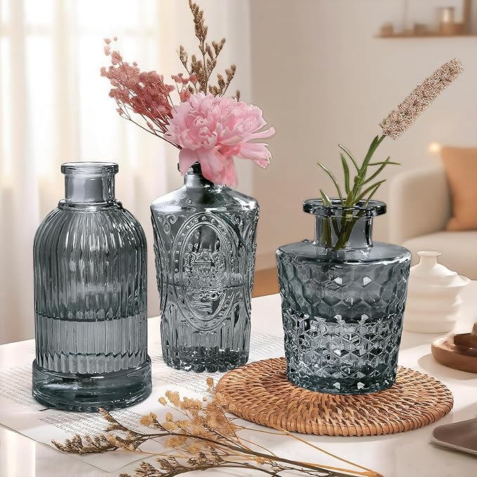 Small Glass Vase Set of 12, Grey Bud Vases for Centerpiece Table Decorations, Boho Vintage Flower Vases in Bulk, Mini Vase Decorative for Wedding Party Baby Shower Birthday Home Decor