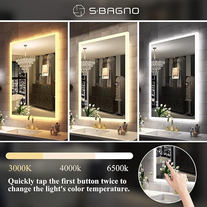 SBAGNO LED Bathroom Mirror with Lights, 40''x28'' 3D Border Bathroom Vanity Wall Mirror with Bluetooth, Anti-Fog, Stepless Dimming, 3 Colors, Tempered Glass Lighted Vanity Mirror for Bathroom