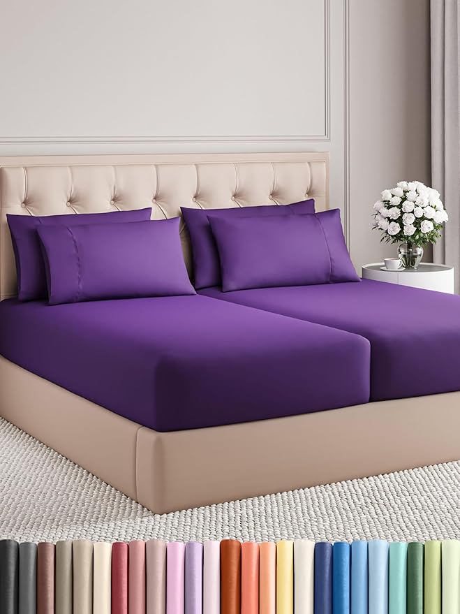 Split King Sheets Set 7 Piece - Includes 4 Pillowcases - Bed Sheets Split King - Soft Hotel Luxury Bedding - Cooling, Comfy & Breathable - 1 Flat & 2 Fitted & 4 Pillowcases w/ Deep Pockets - Purple