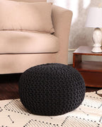 REDEARTH Round Pouf Foot Stool Ottoman - Hand Knitted Bean Bag - Cord Boho Pouffe - Cable Poof Footrest for Living Room - Nursery - Bedroom - Patio - 100% Cotton - Home Decor (19.5"x19.5"x14") - Black