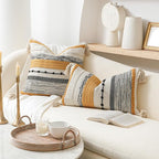 BlissBlush Fall Yellow Mustard Decorative Throw Pillow Cover 18x18 Square Boho Accent Pillowcase Tassels Farmhouse Cushion for Couch Sofa Bedroom Living Room Home Décor Cover ONLY