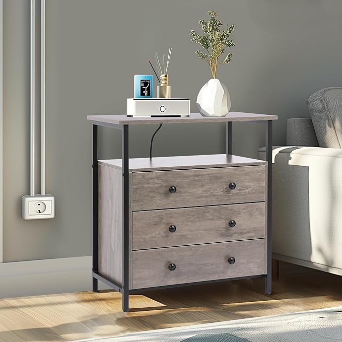 3 Wooden Drawers Nightstand, 27 Inch Wide Night Stand Set 2 with Charging Station and Adjustable Drawers, Small Dresser for Closet, Bedside Table for Living Room/Bedroom/Office, Gray.