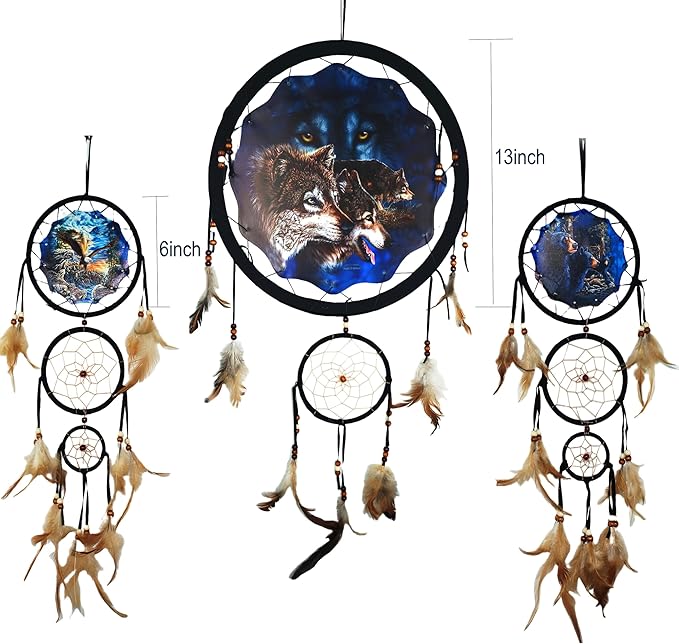 Remorelt Wolf Eagle Bear Dream Catcher Bedroom Wall Decor, Christmas Home Decoration, Room Accessory, White Moon Feather Decoration - Unique Home Craft Wall Pendant (DC04 13Inch Set 3 Mix)