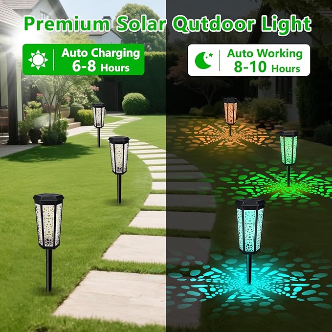 Solar Pathway Landscape Lights 4 Pack, RGB Color Changing+Warm White Outdoor Waterproof Solar Yard Lights for Garden Sideway Outside, Patio, Path, Yard, Walkway, Driveway, 2 Modes