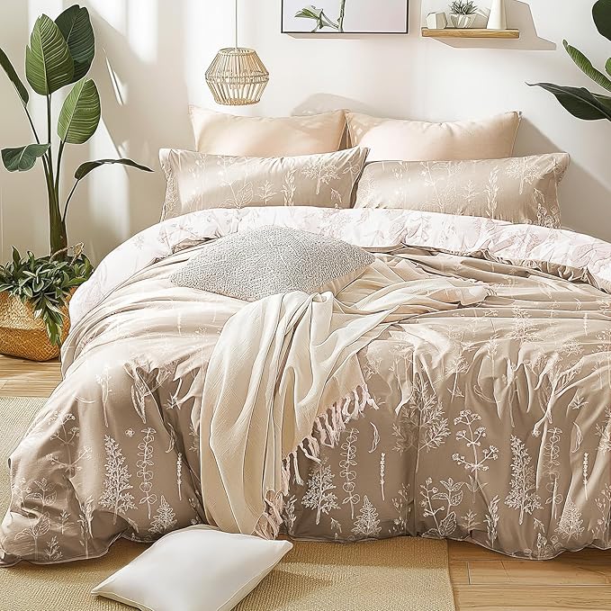 Love's cabin Light Taupe Twin Comforter Set - Twin XL Size Dorm Bedding, 2 Pieces Cute Floral Bedding Comforter Set, Soft Reversible Flowers Comforter, 1 Comforter & 1 Pillow Sham