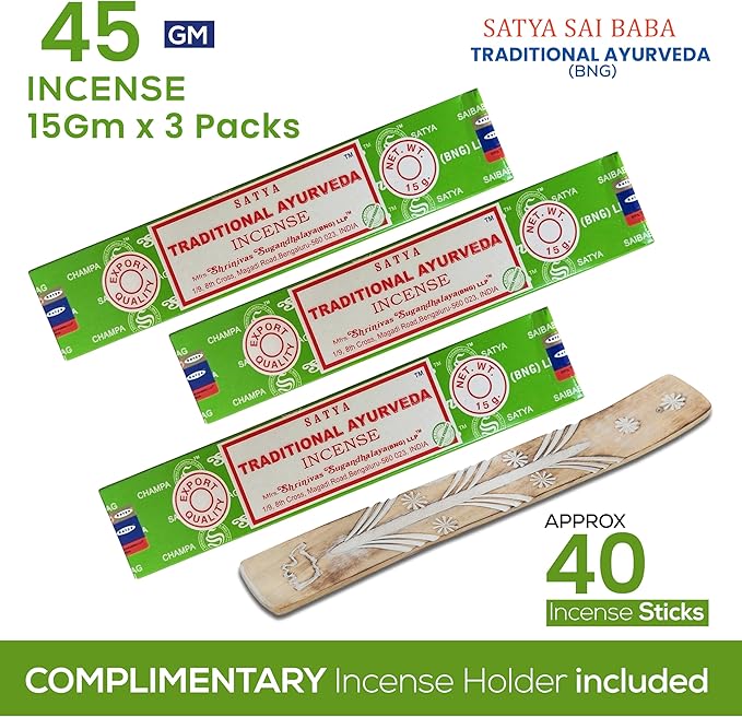 Satya Traditional Ayurveda Incense Sticks, Satya Bng (Bangalore) Insenses 15gmx3 Pack with Raajsee Incense Holder Bundle, Satya Nagchampa Natural Incense