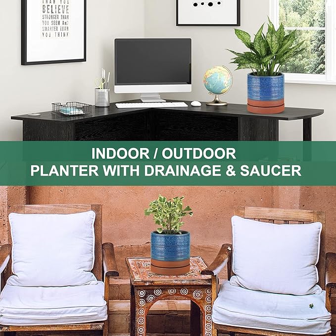 6 Inch Plant Pots, Ceramic Planter Pot with Drainage Hole & Saucer, Indoor/Outdoor Cylinder Round Planter Pot, Aqua Blue & Terracotta Red