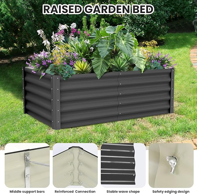 Galvanized Raised Garden Bed Outdoor, 2 Pcs 6x3x1.5FT Outdoor Large Planter Raised Beds Open Base with Safety Edge and Glove for Vegetables Flowers Ground Planter, Dark Grey