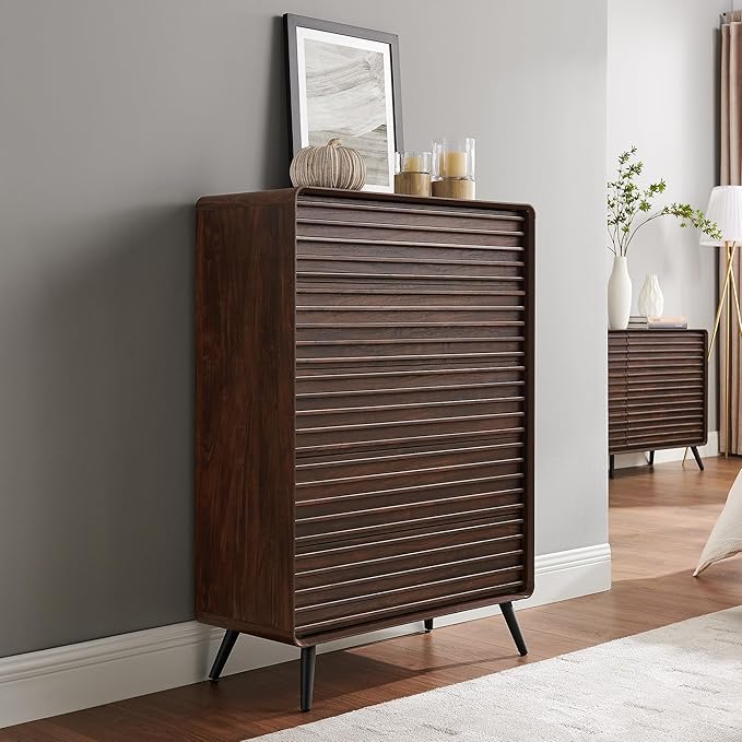 RedLemon 5 Drawers Dresser for Bedroom, 48'' Tall Mid Century Modern Wood Fluted Dresser, Chest of Drawers with Tapered Leg for Bedroom, Living Room, Hallway, Closet, Dark Walnut