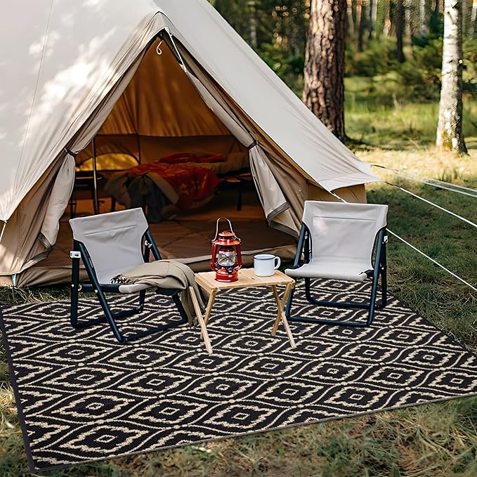 OLANLY Outdoor Rug 9x12 ft Waterproof, Outdoor Plastic Straw Rug with Geometric Pattern Clearance, Reversible RV Mat for Patio, Camping, Balcony, Deck, Backyard, Black & Beige