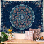 Fowocu Boho Floral Mandala Tapestry Wall Hanging Blue Bohemian Flower Medallion Tapestry Aesthetic Vintage Navy Hippie Indian Small Tapestries for Bedroom Living Room Dorm Decor 60 x 44 Inch