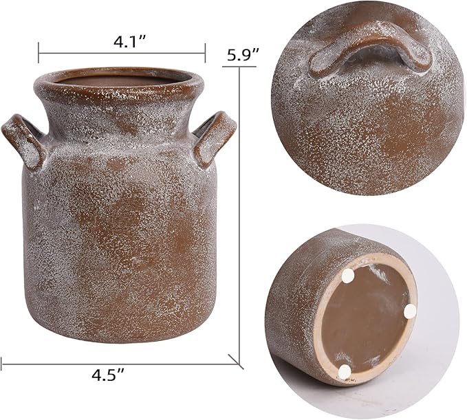 Quoowiit Ceramic Rustic Farmhouse Vase, Distressed Decorative Flower Vases for Home Decor, Ideal Shelf Decor, Boho Vase for Living Room Bedroom Kitchen Office Centerpiece Table Decorations