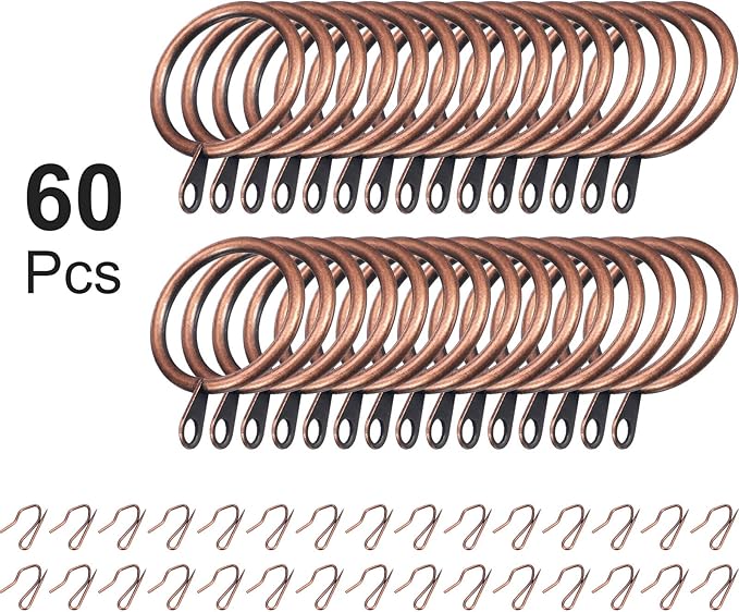 Hotop 30 Pcs Metal Drapery Curtain Rings 0.98/1.26/1.65 inch Interior Diameter and 30 Pcs Hanging Curtain Drapery Pin Hooks for Window Door Shower(32 mm,Red Bronze)
