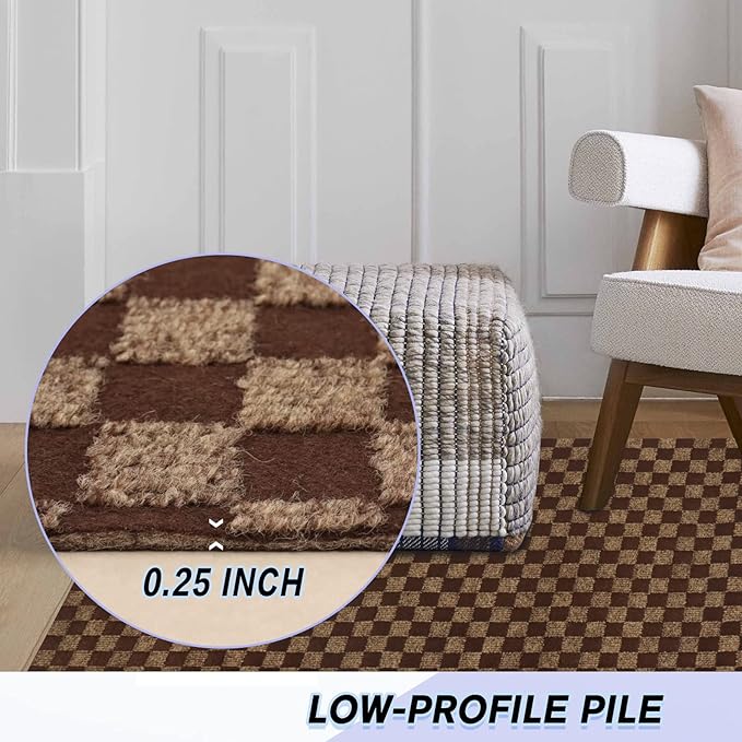 Custom Size Backed Non-Slip Area Rugs Runner, Easy Clean, Waterproof Runner Rugs for Hallway Entryway, Kitchen, Laundry, 3FT x 59FT, Brown Checkered