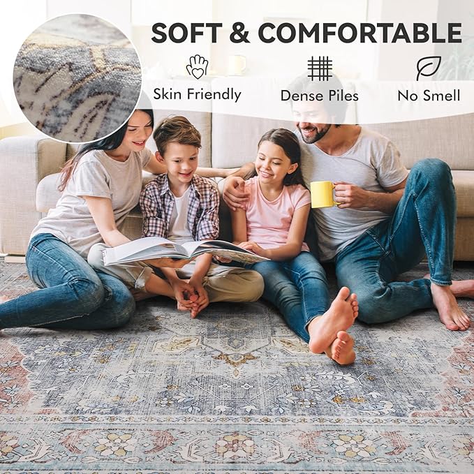 Pink Slate Blue Washable 5x7 Area Rugs for Living Room Rug Bedroom Rug-Carpet Vintage Traditional Dining Room Rugs Office Soft Comfortable Non Slip