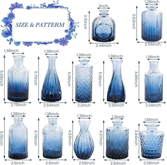 Navy Blue Glass Bud Vases Set of 12, Mini Flower Vase for Centerpieces, Small Glass Vases in Bulk for Wedding Decorations, Vintage Vase Bridal Shower, Party, Graduation, Home Table Décor