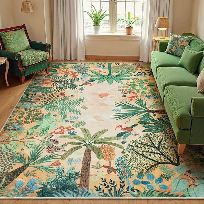 LIVEBOX Boho Jungle Animal Print 5 x 7 Area Rugs for Living Room, Soft Yellow Rug for Bedroom, Non-Slip Machine Washable Rugs for Dining Room Office, Kids Rugs for Playroom Sun Rug for Nursery Room