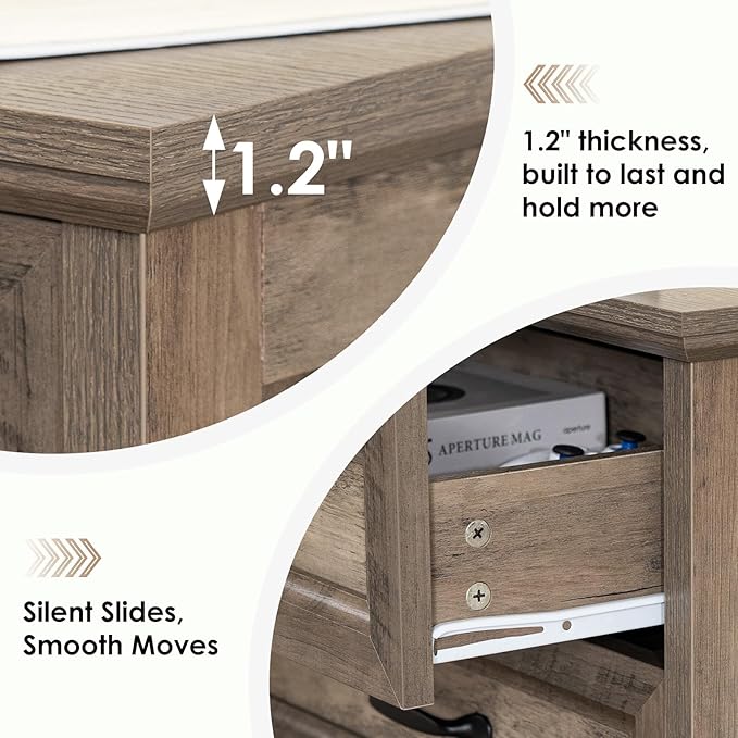 HOMMPA 24'' Farmhouse Nightstand with Charging Station, Bedside Tables with Storage, Side Table with USB Port, 3 Drawers End Table Dresser, Wood Night Stand for Bedroom, Living Room, Greige