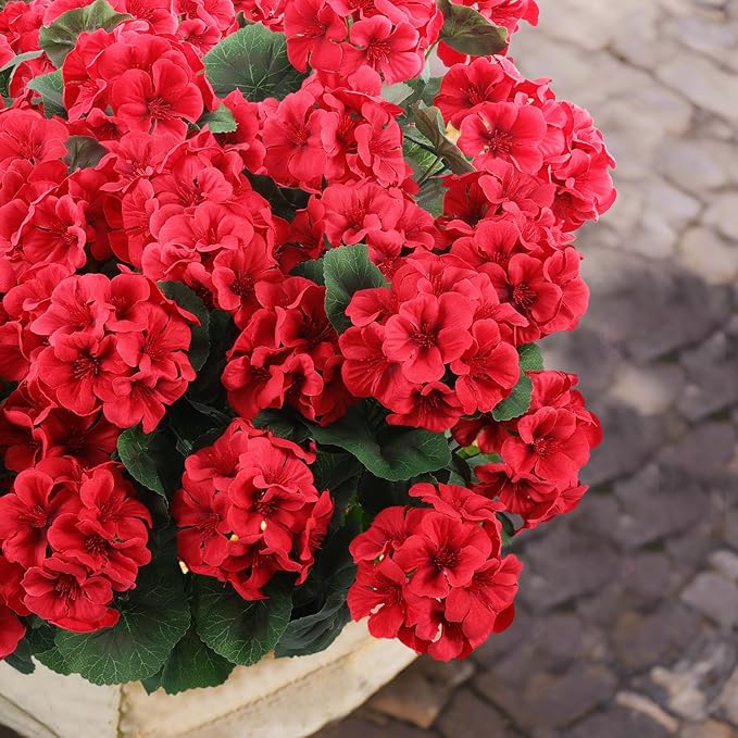 Hananona 6 Pcs Artificial Geranium Flowers for Outdoors Geranium Silk Red Flower Outdoor UV Resistant Garden Plants Faux Flowers for Christmas Home Kitchen Table Centerpieces Decor (6, Red)