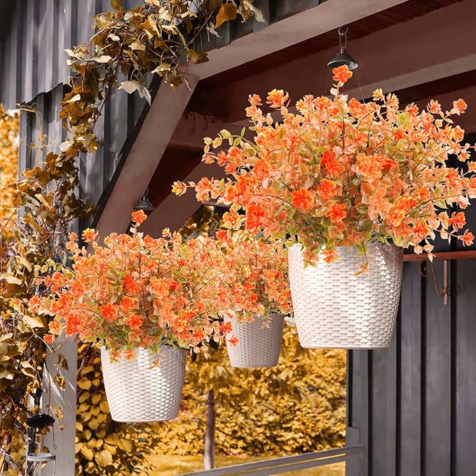 Uieke 6 Bundles Artificial Fall Flowers UV Resistant No Fade Fake Outdoor Plants Faux Plastic Plant Greenery for Outside Garden Porch Sidewalk Trim Window Box Décor Autumn Orange