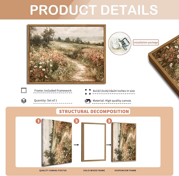 Vintage Framed Wall Art for Living Room – Vintage Wildflower Pictures Oil Paintings Canvas Prints – Country Flower Modern Farmhouse Wall Decor for Bathroom Bedroom Home Office – 8x10in