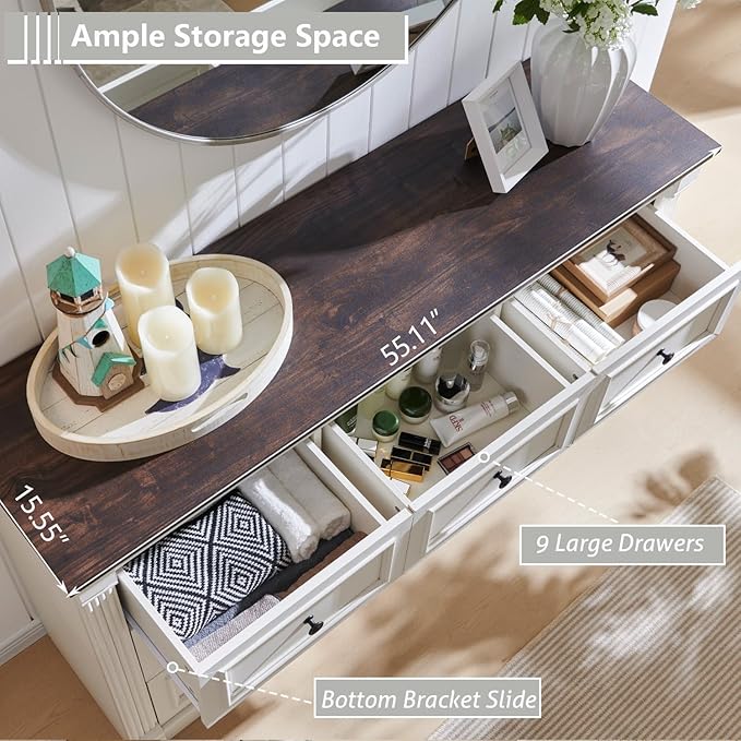 Farmhouse 9 Drawers Dresser for Bedroom, 55" Wide Large Dressers & Chests of Drawers w/Roman Column, Storage Dressers Organizer for Bedroom, Hallway, Living Room, White