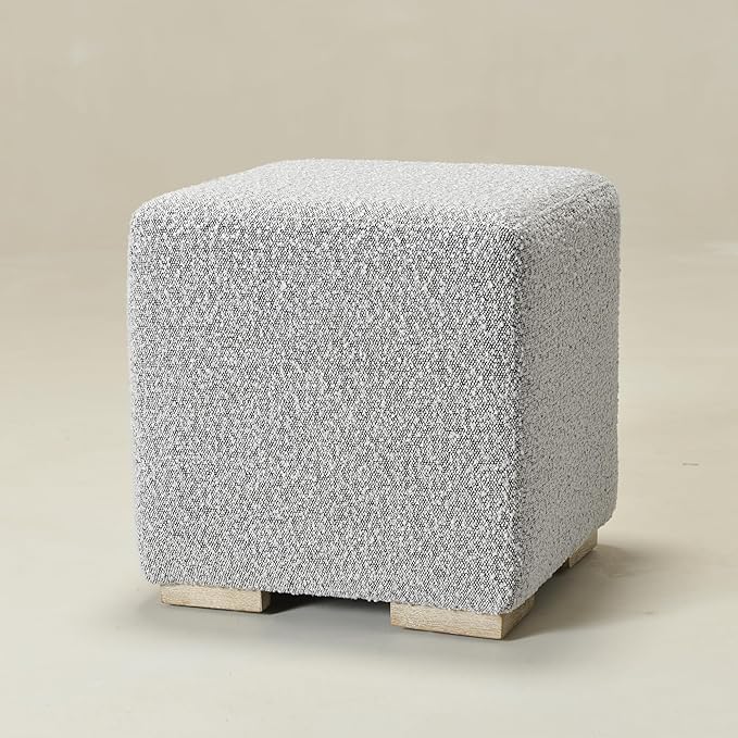 KINWELL 18.5" Wide Modern Square Boucle Upholstered Ottoman with Solid Wood Legs, Cube Ottoman Multi-Functional Sofa Footrest, Extra Seating for Living Room, Bedroom, Fully Assembled (Black and White)