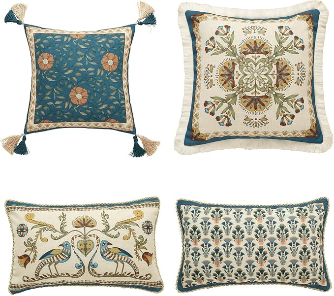 patdrea Designer Throw Pillow Covers Set of 4,French Vintage Blue Linen with Floral Collection Pattern Pillow Cover,Decorative Rectangle and Square Pillowcases Cushion for Bed Living Room Outdoor