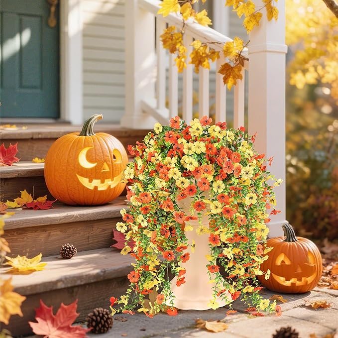 6 Bundles Artificial Fall Flowers for Outdoors Fake Plants Garden Home Fall Decor,UV Resistant Realistic Silk Faux Autumn Flower Indoor Outside Front Porch Patio Balcony Yard Farmhouse(Orange)
