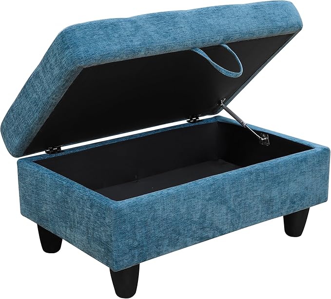 Ottoman Rectangular Storage Ottoman Bench, Flannel Footrest Stool Footstool with Lid for Living Room, Bedroom, Entryway, Blue, 34"x22.8"x17.5"