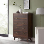 T4TREAM Fluted 5 Drawers Dresser, 48" Tall Modern Chest of Drawers, Curved Profile Design, Wood Drawer Organizer for Bedroom, Living Room, Hallway, Entryway, Dark Walnut