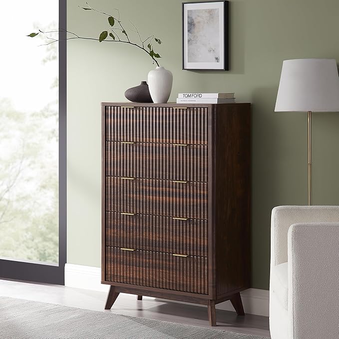 T4TREAM Fluted 5 Drawers Dresser, 48" Tall Modern Chest of Drawers, Curved Profile Design, Wood Drawer Organizer for Bedroom, Living Room, Hallway, Entryway, Dark Walnut
