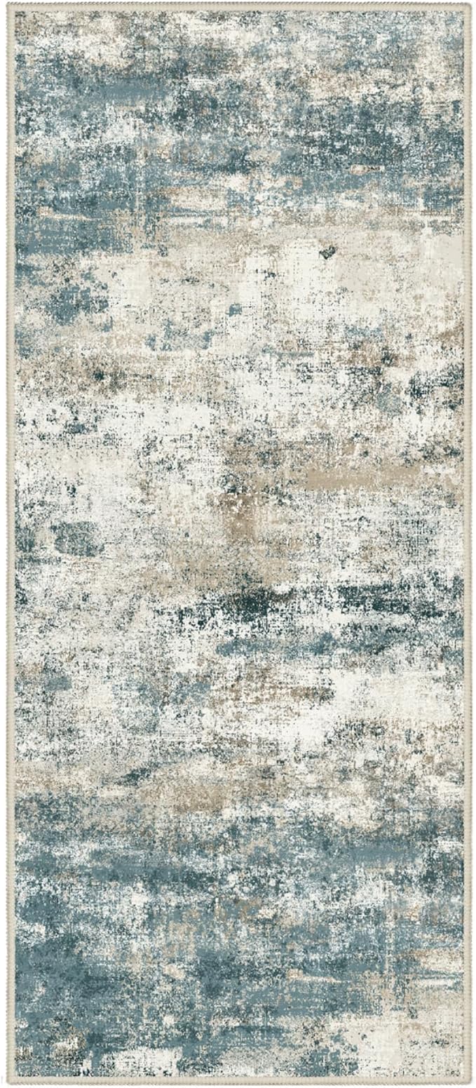 Runner Rug for Hallway Kitchen, 2'6"x6' Machine Washable Runners Rug for Entryway, Soft Modern Abstract Throw Rugs, Low Pile Floor Cover with Non Slip Backing, Navy Beige