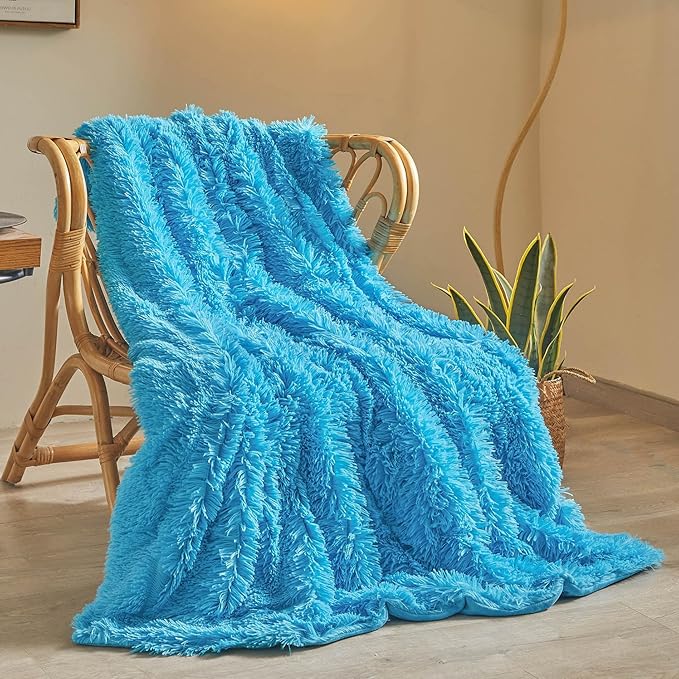 XeGe Luxury Faux Fur Throw, Blue Soft 50x60 Fluffy Blanket, Shaggy Plush Decorative Couch Cute Furry Bed Throw Fuzzy Office Lap Blanket for Bedroom Living Room Sofa Chair, Blue