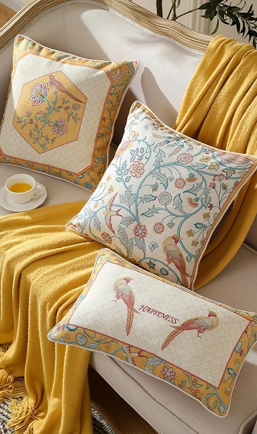 patdrea Design Yellow Linen Throw Pillow Covers Pack of 4, French Square Lumbar Round Pillowcase, Soft Durable Cushion Cases Pillowcase for Couch Bedroom Car Living Room 4 PCS