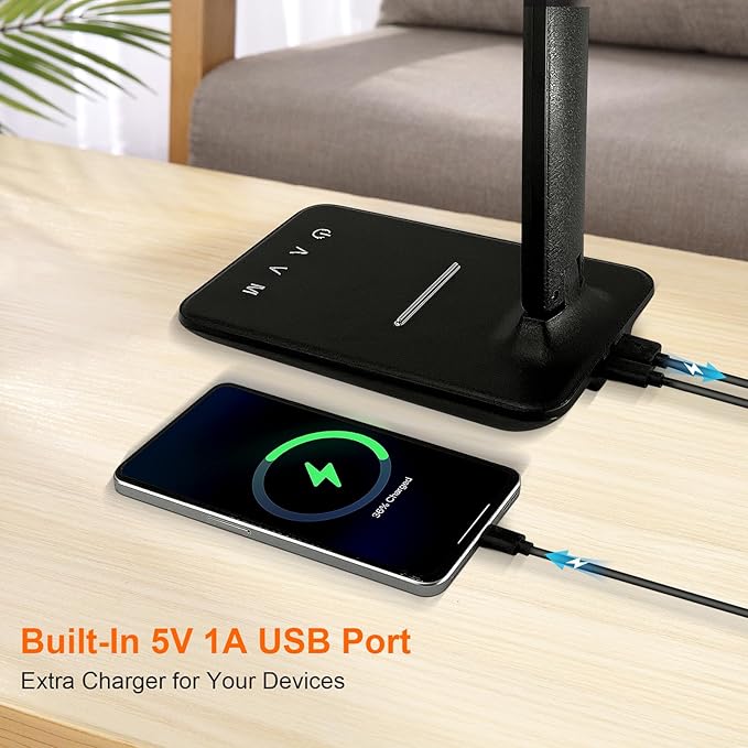 karidi LED Desk Lamp Dimmable Table Lamp with USB Charging Port, 5 Lighting Modes, Sensitive Control, Foldable Portable Desk Light for Home Office Bedroom Reading (Black, Standard Size - 13.3 inch)